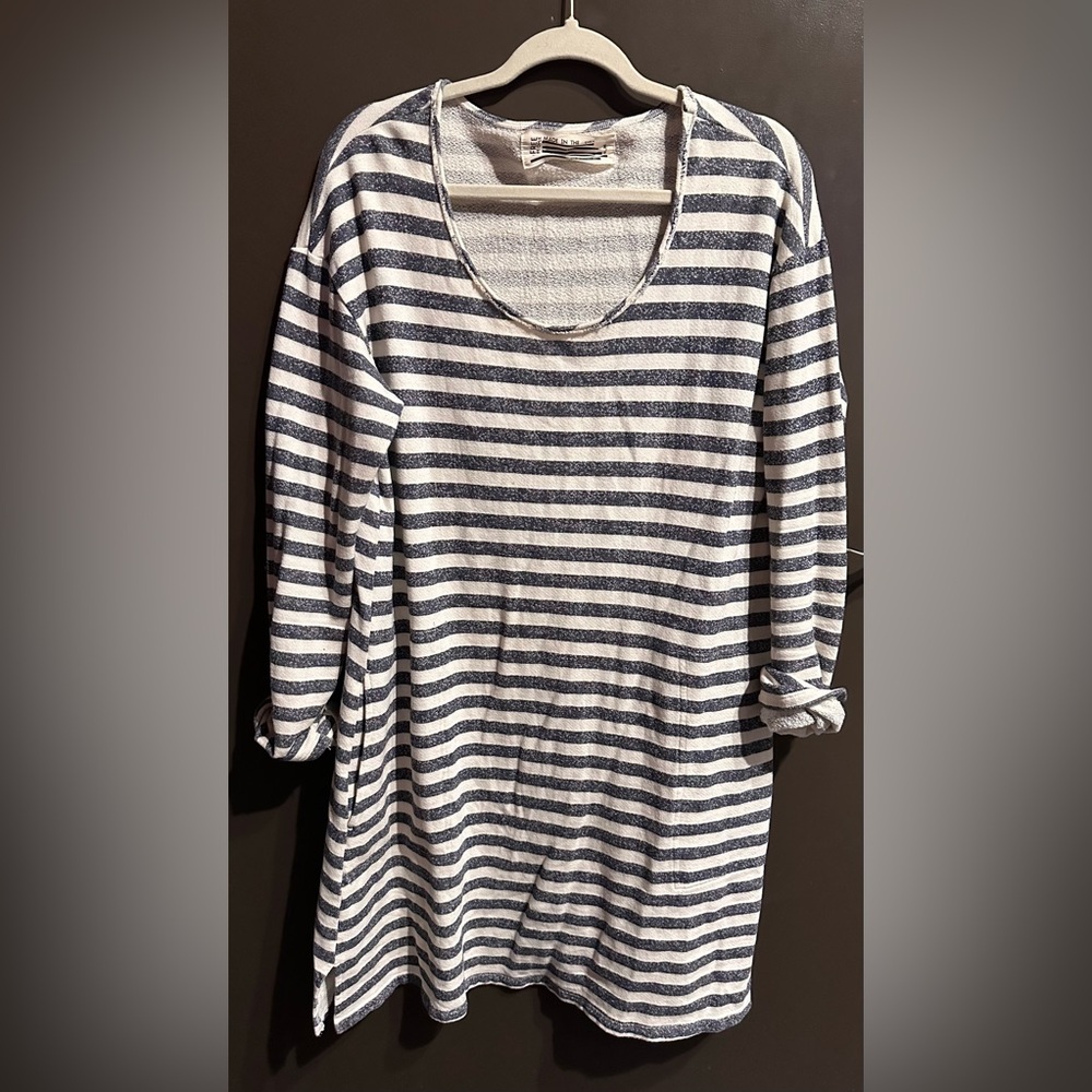 Free People Gray Cream Striped Terry Cloth Tunic Dress Beach Size Medium